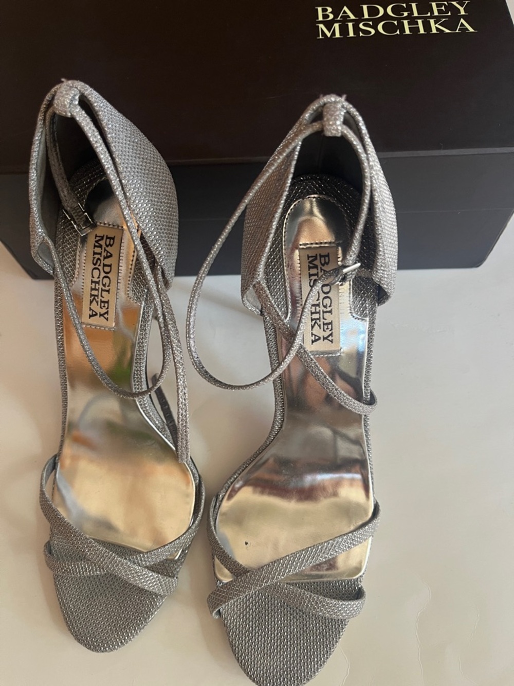 Badgley Mischka Silver Metallic Strappy Ankle-Tie Heels